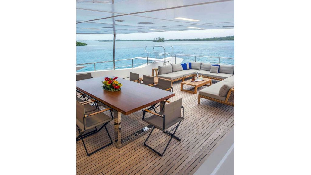 Benetti Legasea 140Ft, These include a massive flybridge/sundeck (largest in her class), a spacious covered dining area aft of the sky lounge, and a large foredeck entertaining area, complete with a pool
